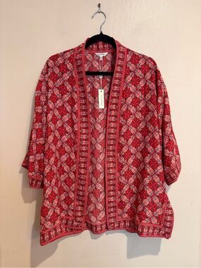Max Studio Summer Red Kimono w/ Subtle Teal Accents, Geometric Design, NWT